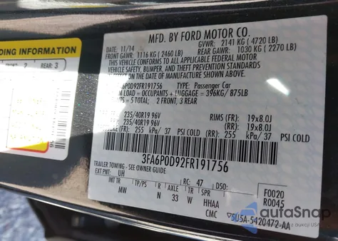2015 Ford Fusion Titanium from USA, damaged, VIN 3FA6P0D92FR191756